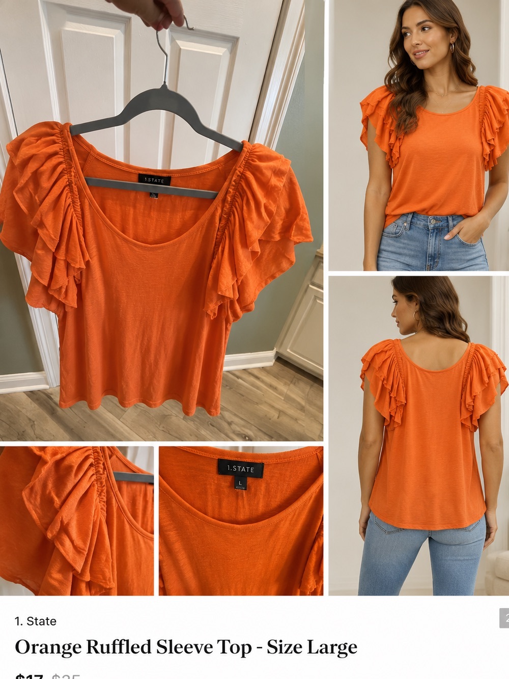 Orange Ruffled Sleeve Top - Size Large